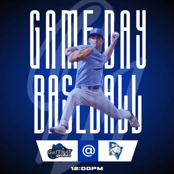 The image is a promotional graphic for a baseball game, featuring a central image of a baseball player in mid-pitch. The player wears a light blue jersey and cap with white pants, and is holding a baseball in their right hand and a glove in their left. The background is a gradient of dark to lighter blue, with large bold white letters spelling "GAME DAY BASEBALL" partially obscuring the player. Below the player are two team logos: on the left, the Gateway Geckos logo featuring a stylized gecko; on the right, another team's logo with a stylized wolf. Between the logos is an "@" symbol, indicating a game location. The bottom of the image displays the time "12:00PM" in white text.