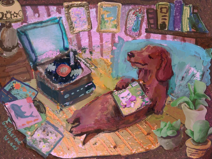 A dachshund dog lying in his living room listening to various vinyl records with other animals on the cover.