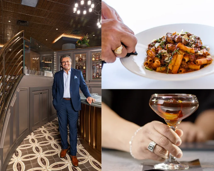 Collage of photos featuring Tony, Rig-a-Tony pasta dish and cocktail
