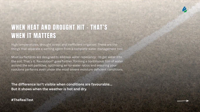A dry, cracked patch of earth with a diagonal stripe of healthier grass. Text overlay discusses the importance of water management in agriculture, focusing on the effects of heat and drought. The message emphasizes that the true test of systems is visible during challenging conditions. The graphic includes the hashtag #TheRealTest and a small logo in the top right corner.