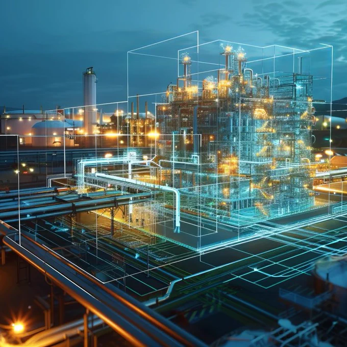 Digital twin around a refinery / energy plant, lit up at dusk.