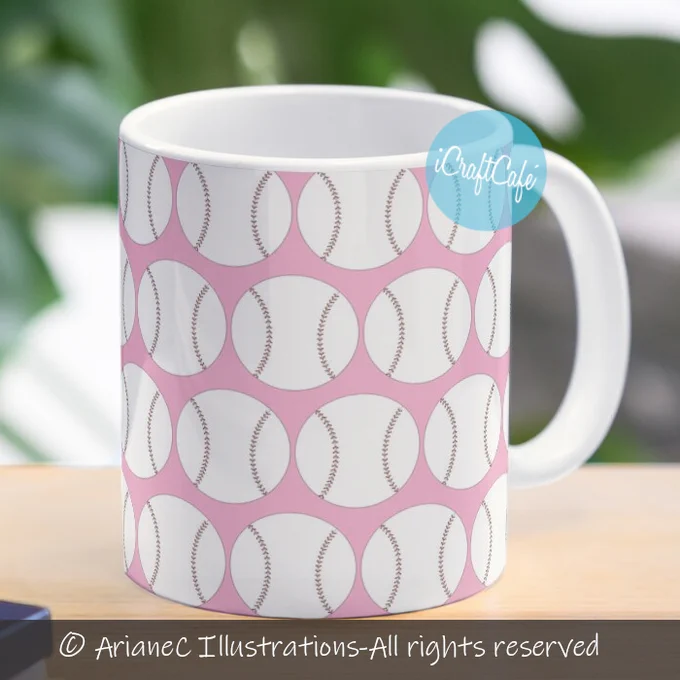 Pink coffee mug with a baseball pattern