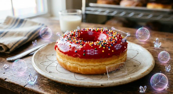 red frosted donut with sprinkles and quantum bubbles