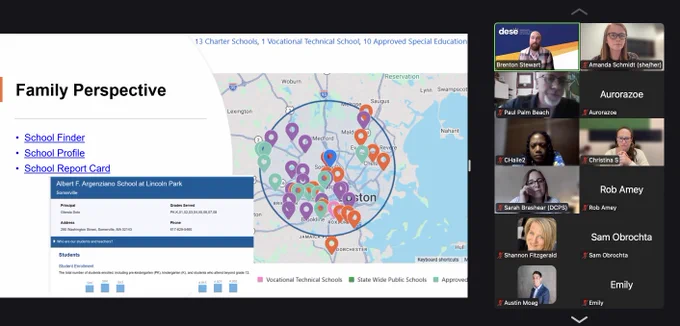 A screenshot of a Zoom call. On the right of the screen are participants, and on the left is a presentation slide titled "Family Perspective" showing a map of Boston with markers for different types of schools.