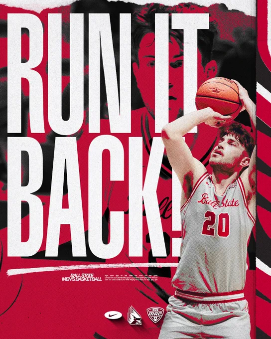 Joey Hart "Run it Back!" graphic featuring Hart in a grey Ball State uniform shooting a free throw.
Text: Run it Back!