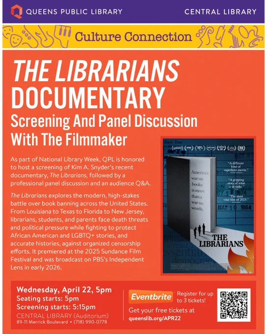 Page 1 of QPL's promotional flyer for "The Librarians" Documentary Screening and Panel Discussion.