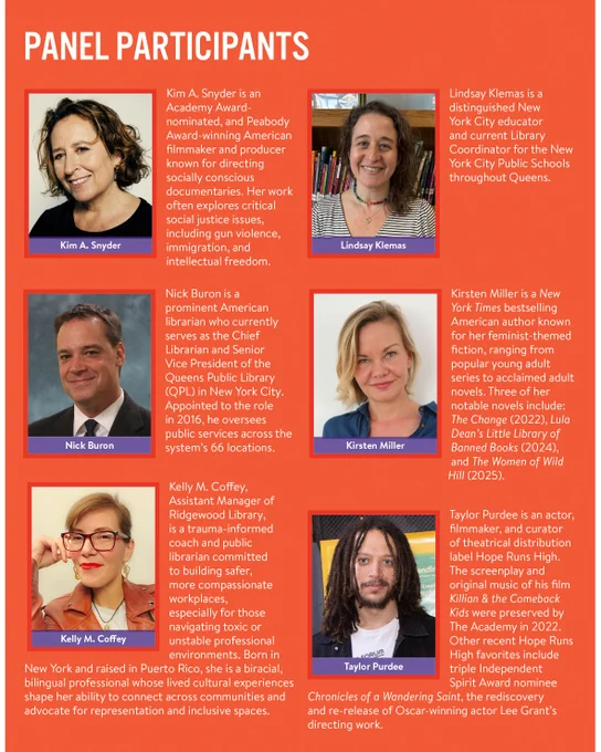 Page 2 of QPL's promotional flyer for "The Librarians" Documentary Screening and Panel Discussion, which includes bios of our panel participants.