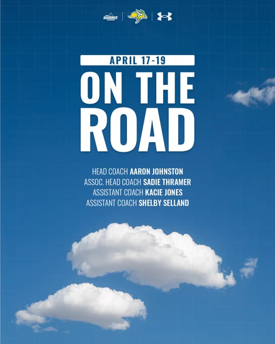 Graphic with a blue sky background and white clouds. Blue text reads “April 17–19” above bold white lettering that says “On the Road.” Smaller text below lists coaching staff: Head Coach Aaron Johnston, Associate Head Coach Sadie Thramer, Assistant Coach Kacie Jones and Assistant Coach Shelby Selland.