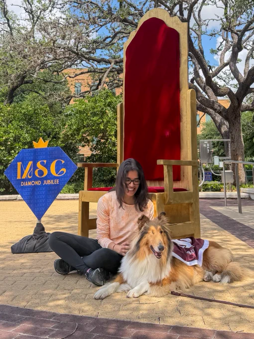 A person sits on the ground next to Reveille X, in front of a large gold and red throne. Nearby, a sign reads "MSC Diamond Jubilee." Trees and a building are in the background.
