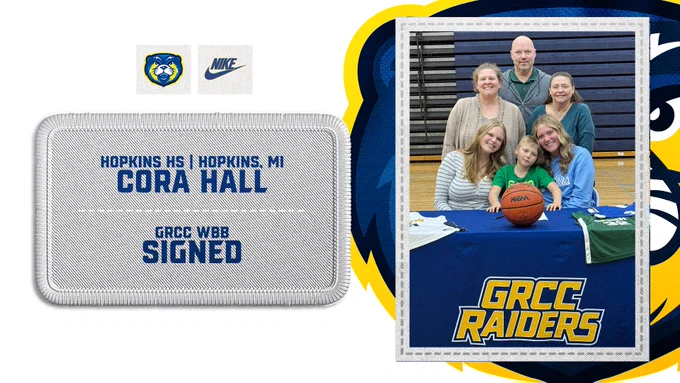 Graphic showing the signing of a new student athlete. Picture includes the athlete and her family seated at a table.
