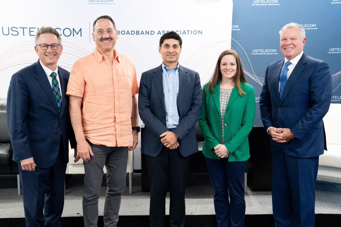 Image: eff England, VP and CEO, Silver Star and USTelecom Board Chair; Harold Zeitz, CEO, Ziply Fiber; Gaurav Juneja, President and CEO, Fidium;  Jennifer Prather, CEO, Totelcom and USTelecom Board Vice Chair; and Todd Foje, CEO, Great Plains Communications, during USTelecom's American Connectivity Forum. 