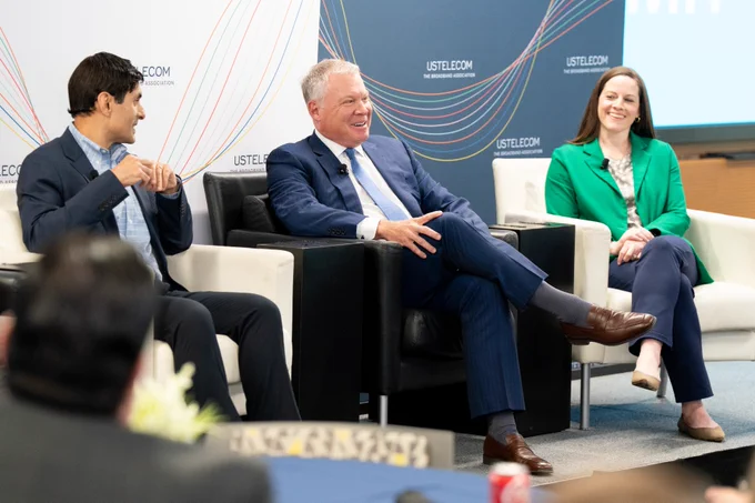Image: Gaurav Juneja, President and CEO, Fidium; Todd Foje, CEO, Great Plains Communications; and Jennifer Prather, CEO, Totelcom and USTelecom Board Vice Chair; on stage during USTelecom's American Connectivity Forum panel discussion. 