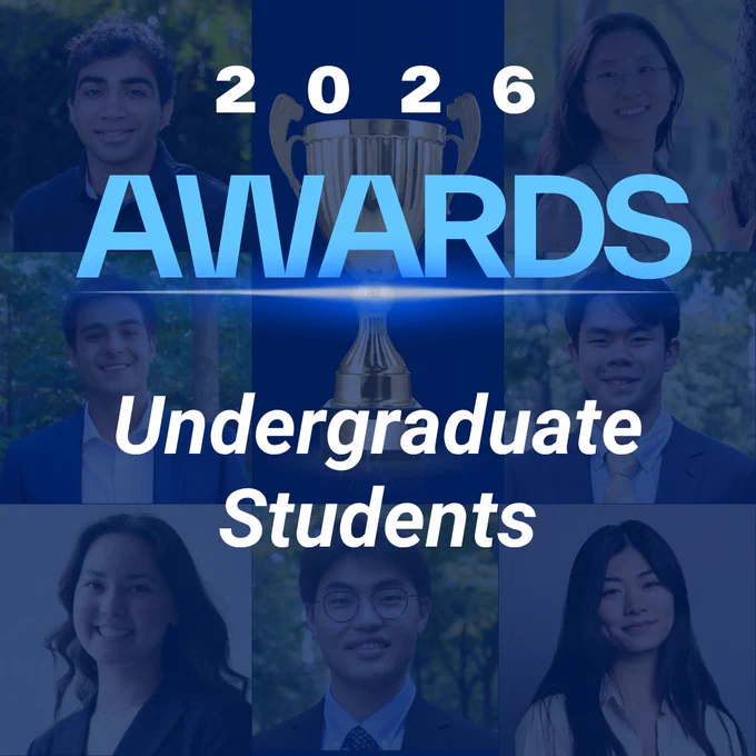 A blue-toned collage graphic featuring eight undergraduate bioengineering students arranged around a central trophy. The text “2026 Awards” appears prominently at the top, with “Undergraduate Students” centered below. Each student is shown in a professional headshot, smiling or looking confidently at the camera, representing the award recipients being recognized.

