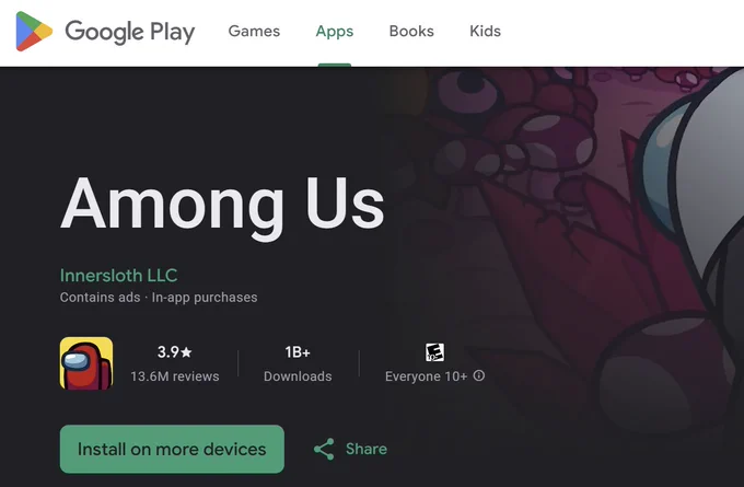Screenshot of the Among Us game on Google Play, with 1B  downloads
