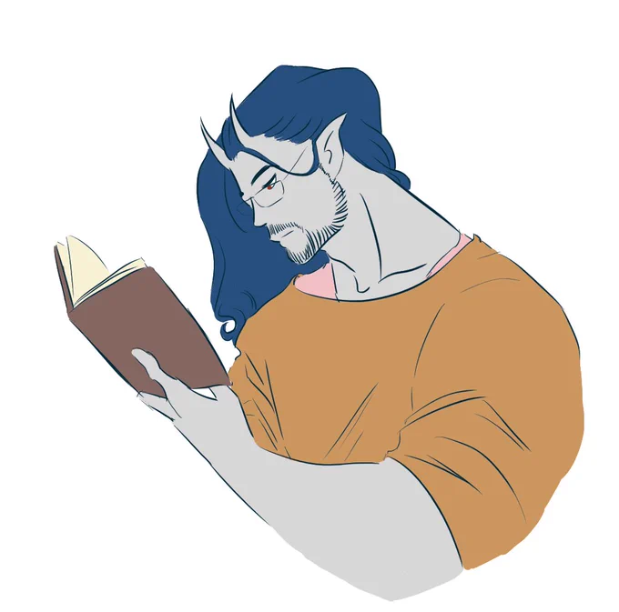 Digital art, flat colors, a bearded demon man in glasses reading a book, gray skin, long blue hair, red eyes, mustard sweater with pink undershirt 