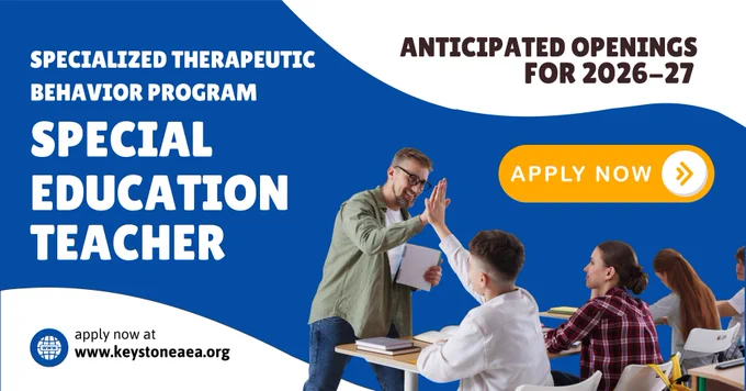 Job ad for a special education teacher with image of a teacher giving a high five to a student seated at a desk