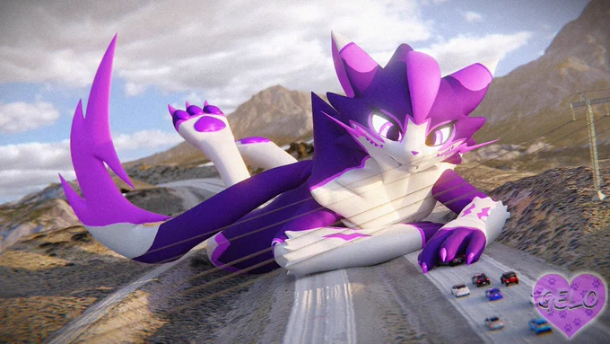 A giant zeraora (Gelo) blocking the highway causing a traffic jam. There is a cybertruck under his hand.
Render by @GrapeDoggo
