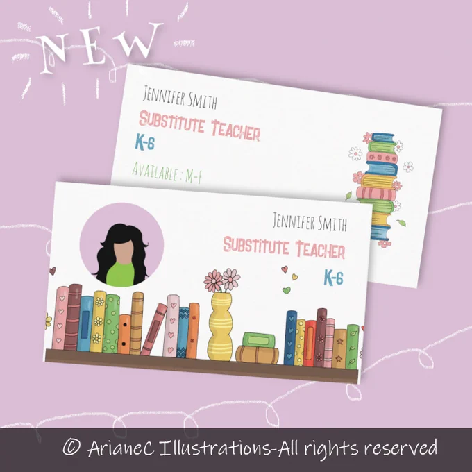 Substitute teacher double-sided business cards with photo