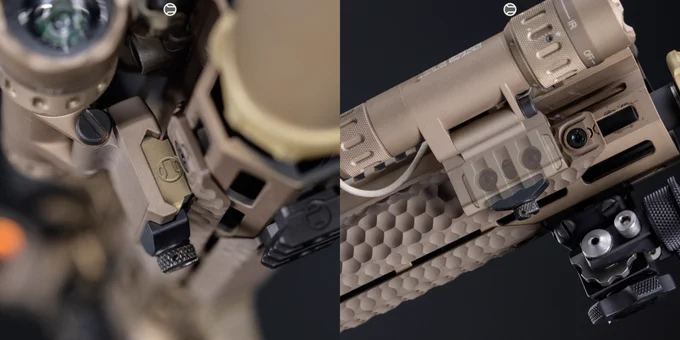 RailScales Karve-P Polymer M-LOK Hand Stop, G10 XOS, XOS-W, & XOS-H M-LOK Scales (Honeycomb, TerraCore, 3-Slot & 4-Slot), CSMR Mag Button, QDX Sling Mount | 14.5" URG-I, Geissele SMR Mk16 URG-I 13.5" MLOK Rail (DDC), Daniel Defense 14.5" 5.56 Barrel, Surefire SOCOM-556Mini4 (RC4) w/ SOCOM 5.56 4-Prong Flash Hider, L3Harris NGAL Laser, Insight Tech WMX200 Light w/ Rotating Body, B&T Industries Atlas Bipod, Leupold Optics Mk6 1-6x Scope & Deltapoint Pro MRDS w/ Badger Ordnance C1 Mount (PN 170-340), Unity Tactical Hot Button MLOK (NGAL Plug), Geissele URG-I ACH (DDC), Bootleg Inc Adjustable BCG, Colt Firearms M4 Carbine Lower, Magpul MOE Grip, CTR Stock, and 20rd Gen 1 PMAG.