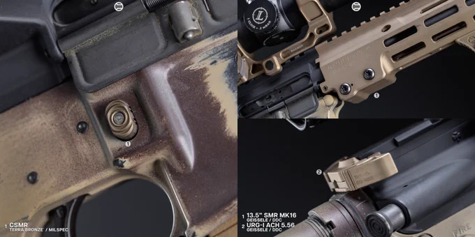 RailScales Karve-P Polymer M-LOK Hand Stop, G10 XOS, XOS-W, & XOS-H M-LOK Scales (Honeycomb, TerraCore, 3-Slot & 4-Slot), CSMR Mag Button, QDX Sling Mount | 14.5" URG-I, Geissele SMR Mk16 URG-I 13.5" MLOK Rail (DDC), Daniel Defense 14.5" 5.56 Barrel, Surefire SOCOM-556Mini4 (RC4) w/ SOCOM 5.56 4-Prong Flash Hider, L3Harris NGAL Laser, Insight Tech WMX200 Light w/ Rotating Body, B&T Industries Atlas Bipod, Leupold Optics Mk6 1-6x Scope & Deltapoint Pro MRDS w/ Badger Ordnance C1 Mount (PN 170-340), Unity Tactical Hot Button MLOK (NGAL Plug), Geissele URG-I ACH (DDC), Bootleg Inc Adjustable BCG, Colt Firearms M4 Carbine Lower, Magpul MOE Grip, CTR Stock, and 20rd Gen 1 PMAG.