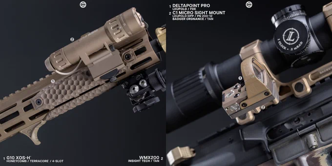 RailScales Karve-P Polymer M-LOK Hand Stop, G10 XOS, XOS-W, & XOS-H M-LOK Scales (Honeycomb, TerraCore, 3-Slot & 4-Slot), CSMR Mag Button, QDX Sling Mount | 14.5" URG-I, Geissele SMR Mk16 URG-I 13.5" MLOK Rail (DDC), Daniel Defense 14.5" 5.56 Barrel, Surefire SOCOM-556Mini4 (RC4) w/ SOCOM 5.56 4-Prong Flash Hider, L3Harris NGAL Laser, Insight Tech WMX200 Light w/ Rotating Body, B&T Industries Atlas Bipod, Leupold Optics Mk6 1-6x Scope & Deltapoint Pro MRDS w/ Badger Ordnance C1 Mount (PN 170-340), Unity Tactical Hot Button MLOK (NGAL Plug), Geissele URG-I ACH (DDC), Bootleg Inc Adjustable BCG, Colt Firearms M4 Carbine Lower, Magpul MOE Grip, CTR Stock, and 20rd Gen 1 PMAG.