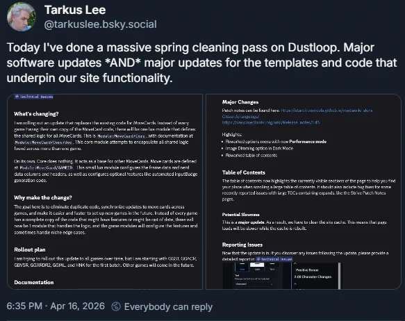 ‪@tarkuslee.bsky.social‬
Today I've done a massive spring cleaning pass on Dustloop. Major software updates *AND* major updates for the templates and code that underpin our site functionality.