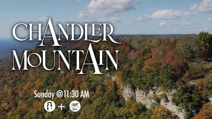The image shows a scenic view of Chandler Mountain with a sprawling forest of autumn-colored trees and a rocky cliff. Text overlay reads "Chandler Mountain," and below, "Sunday @11:30 AM," alongside two unidentified logos. The sky is partly cloudy.