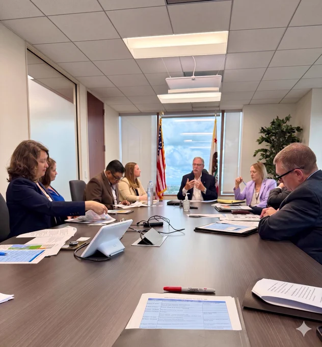 SJCOG Boardmember Leo Zuber at the head of a conference table with others gathered around it.
