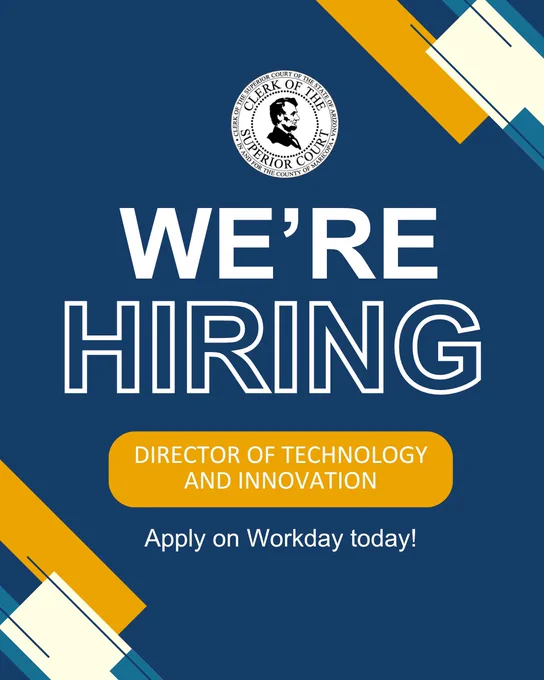 A blue graphic stating that the Clerk's Office is hiring for a Director of Technology and Innovation. Directs people interested to apply on Workday.