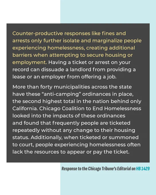 A graphic with text discussing the negative impact of fines and arrests on people experiencing homelessness. It highlights how these measures create barriers to housing and employment. The text mentions anti-camping ordinances in California and references research by the Chicago Coalition to End Homelessness. 