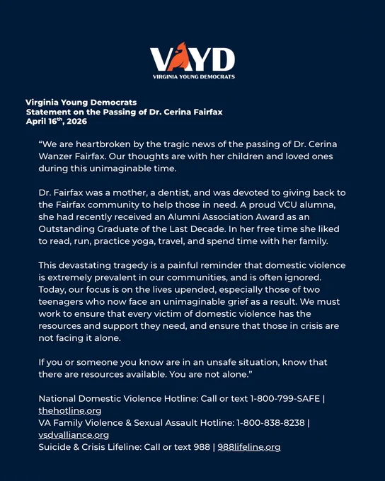 "We are heartbroken by the tragic news of the passing of Dr. Cerina Wanzer Fairfax. Our thoughts are with her children and loved ones during this unimaginable time.
Dr. Fairfax was a mother, a dentist, and was devoted to giving back to the Fairfax community to help those in need. A proud VCU alumna, she had recently received an Alumni Association Award as an Outstanding Graduate of the Last Decade. In her free time she liked to read, run, practice yoga, travel, and spend time with her family.
This devastating tragedy is a painful reminder that domestic violence is extremely prevalent in our communities, and is often ignored.
Today, our focus is on the lives upended, especially those of two teenagers who now face an unimaginable grief as a result. We must work to ensure that every victim of domestic violence has the resources and support they need, and ensure that those in crisis are not facing it alone.