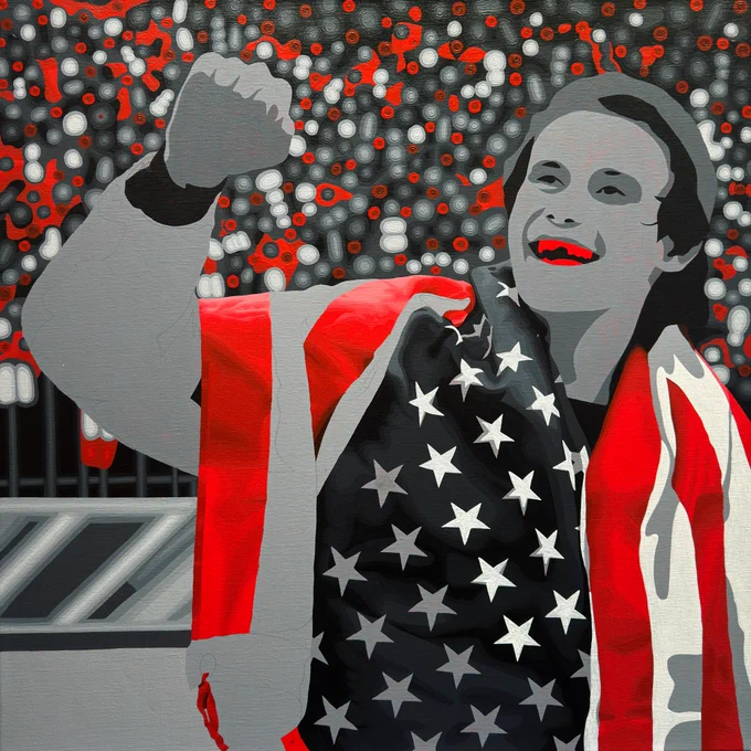 Borbay's 30"X30" painting of Jack Hughes, in progress.