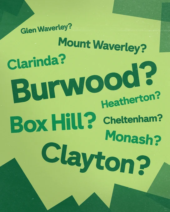 A green-toned poster features the names of several locations with question marks: Glen Waverley, Mount Waverley, Clarinda, Burwood, Box Hill, Clayton, Heatherton, Cheltenham, and Monash. The names are in varying sizes and orientations against a geometric background.