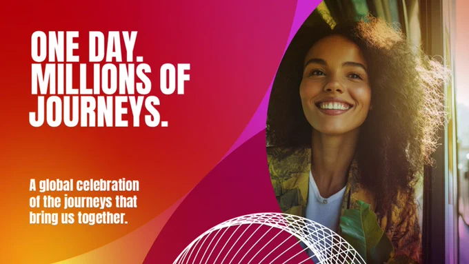 A visual with an image of a smiling woman and white text, set against a red, orange and purple background.