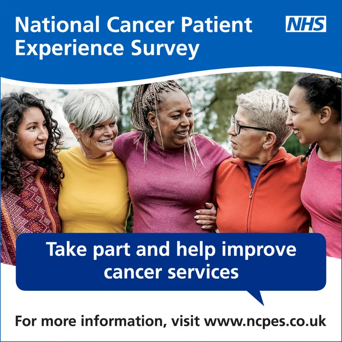 Blue NHS graphic promoting the National Cancer Patient Experience Survey. At the top, white text reads “National Cancer Patient Experience Survey” with the NHS logo. The main image shows a group of adults standing closely together outdoors. A blue speech bubble contains the text “Take part and help improve cancer services.” At the bottom, text reads “For more information, visit www.ncpes.co.uk”
