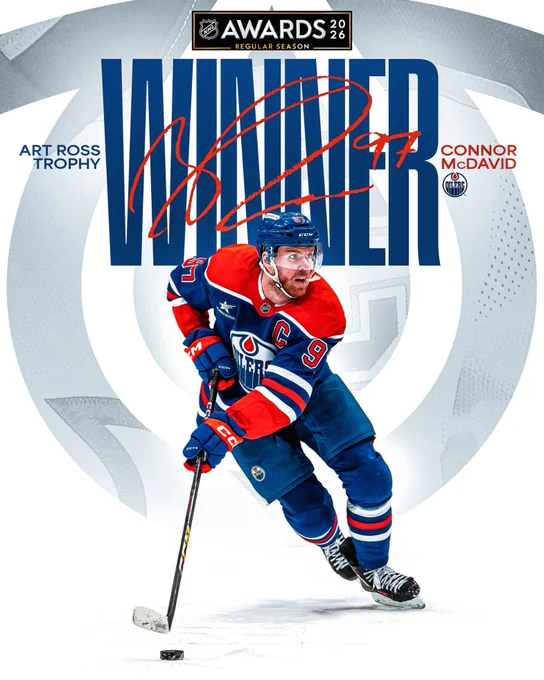 Top: The 2026 NHL Awards Regular Season logo. Below this is blue and orange text on a light background that reads \"Art Ross Trophy winner. Connor McDavid\". McDavid's signature is overlaid over the word \"Winner\". \n\nBottom: A cutout of Connor McDavid on ice in an Oilers uniform. 