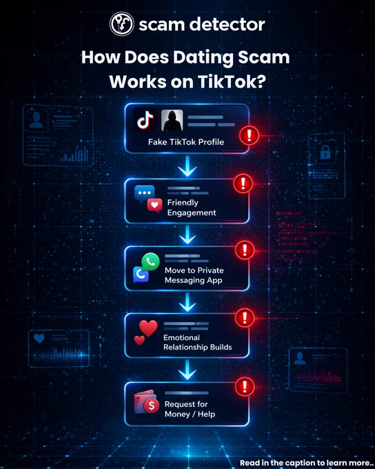 Infographic showing how a TikTok dating scam works: a fake TikTok profile initiates friendly engagement, moves the conversation to a private messaging app, builds an emotional relationship, and eventually asks for money or help.