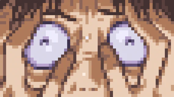 A pixel art of an Evangelion scene, where Shinji Ikari looks desperate with its hands on his face.