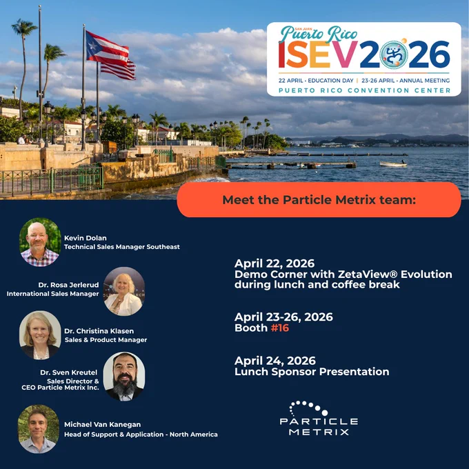Particle Metrix event roadmap for ISEV 2026 featuring team photos and schedule: Hands-on Demo (Apr 22), Booth #6 (Apr 23–26), and Lunch Presentation (Apr 24).