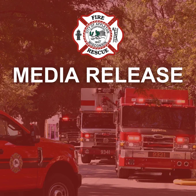 Appleton Fire Department vehicles, including fire engines with emergency lights on, staged on a tree lined street with a red overlay and the Appleton Fire Rescue logo above large text reading “Media Release.”