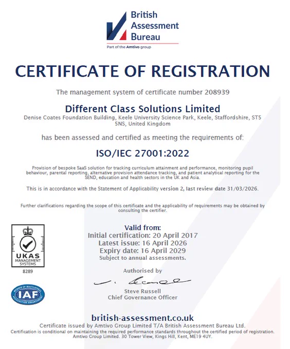 ISO27001 Certificate for Different Class.