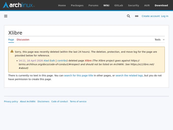 A screenshot of the deleted XLibre ArchWiki page that got deleted on Apr 16, 2026.