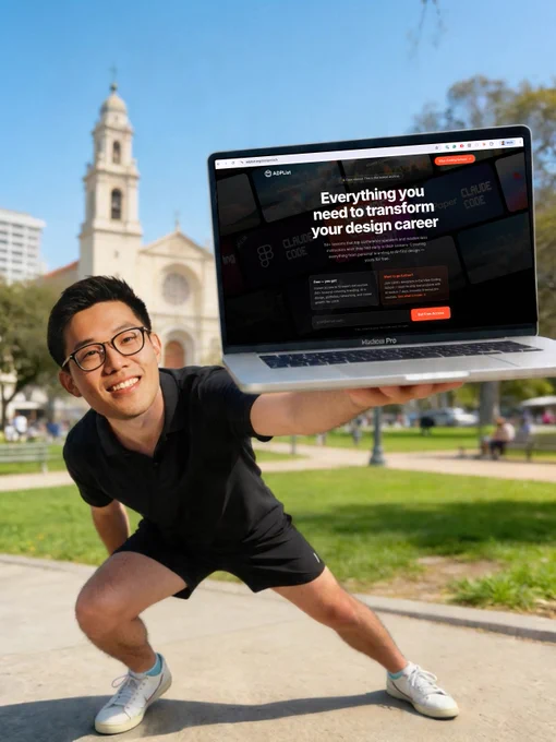A person in athletic wear poses outdoors, holding a laptop displaying a design career resource website, with a building in the background.