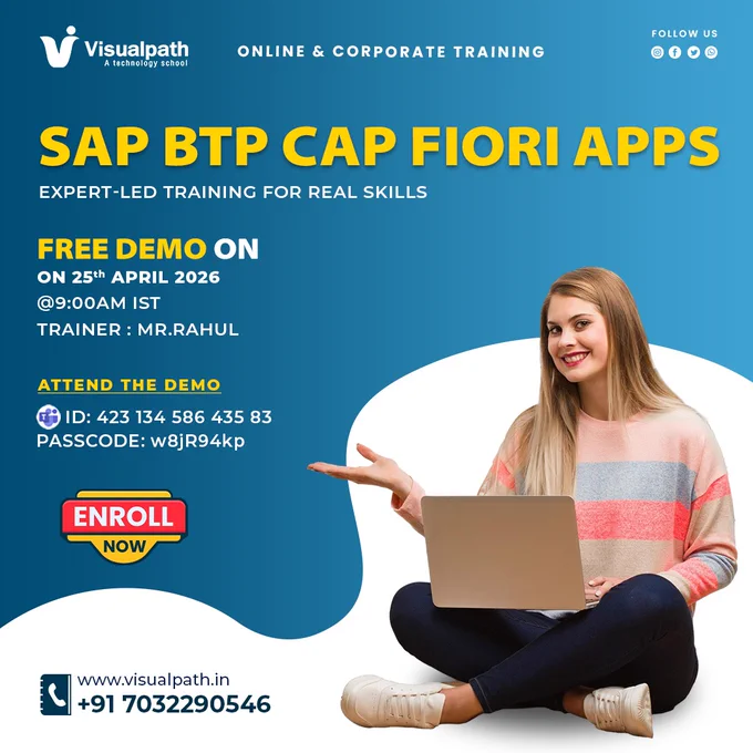 👨‍🏫 Trainer: Mr. Rahul
📅 Date: 25/04/2026 (Saturday)
⏰ Time: 9:00 AM IST
🔗 Join Live: https://tinyurl.com/pzmbkz2u 
🆔 Meeting ID: 423 134 586 435 83
🔐 Passcode: w8jR94kp

Demo Highlights:

CAP Model Essentials: Building robust backends with Node.js/Java.
Fiori Elements: Developing intuitive, role-based user interfaces.
BTP Integration: Deploying and managing apps on SAP Business Technology Platform.
Live Q&A: Technical insights directly from an industry expert.

🎯 Ideal for SAP developers and architects looking to master the latest cloud development standards.
