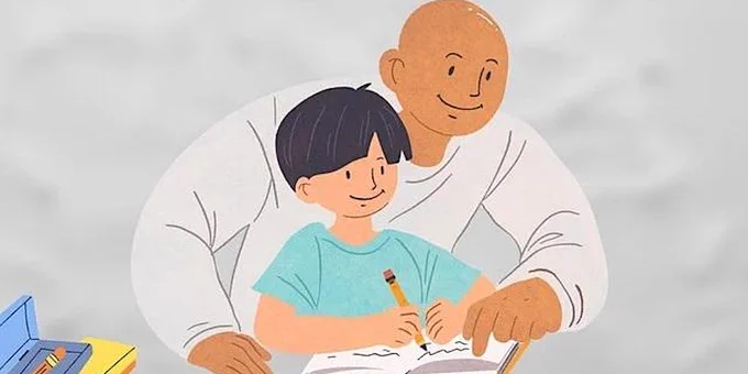 A child is doing their homework with the help of an adult