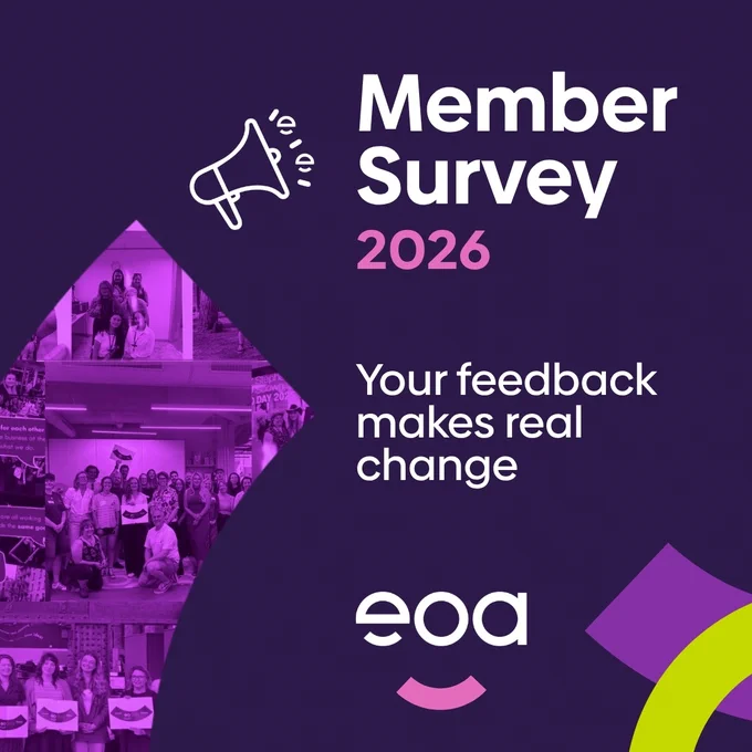 A dark purple graphic with text reading 'Member Survey 2026. Your feedback makes real change'. Beneath is the logo for the eoa and, beside it, a curving shape filled with pictures of smiling professionals.