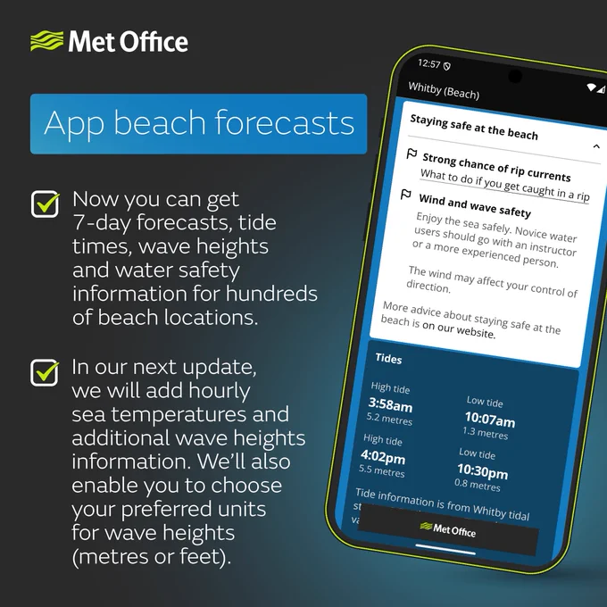Met Office graphic about app beach forecasts. Says you can get 7-day forecasts, tide times, wave heights and water safety information for hundreds of beach locations. More information will be provided in the next update. 