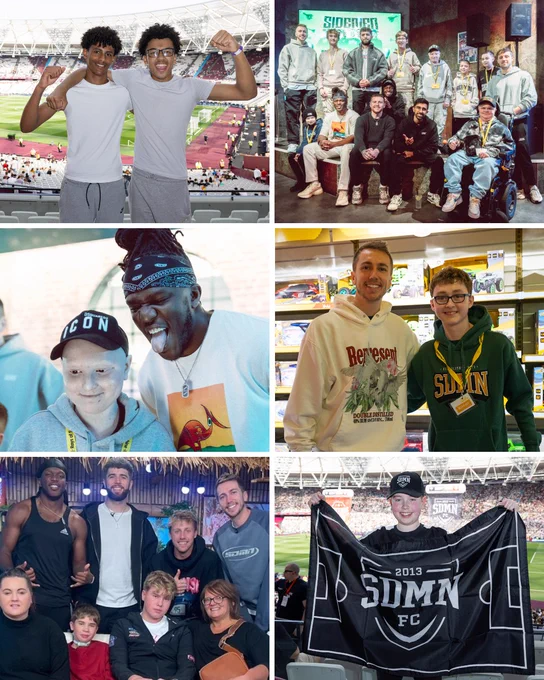 Collage of six photos showing diverse fans and content creators at a stadium and meet-and-greet events, smiling and posing