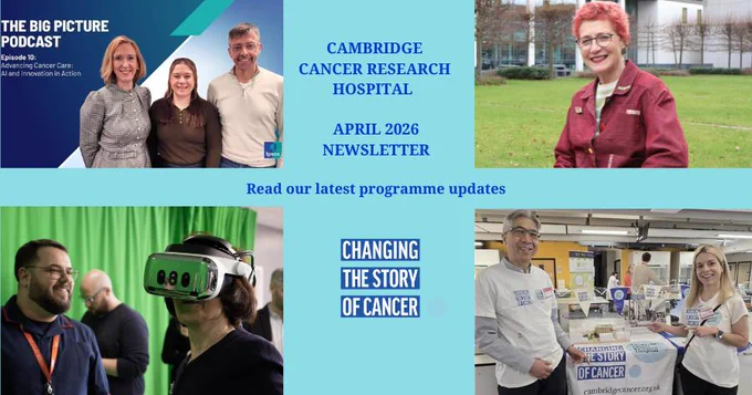Collage of images from Cambridge Cancer Research Hospital, featuring podcast, staff, and research updates.