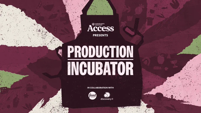Promotional graphic for the Warner Bros. Discovery Access “Production Incubator,” featuring bold white distressed text over a dark apron silhouette, set against a textured collage background in deep burgundy, pink, and green with illustrated cooking-related icons. Logos for Food Network and discovery  appear at the bottom under “In Collaboration With.”